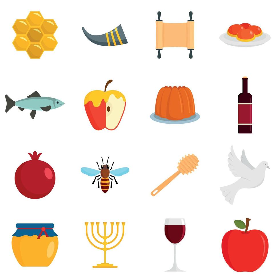 Rosh Hashanah jewish holiday icons set, flat style vector