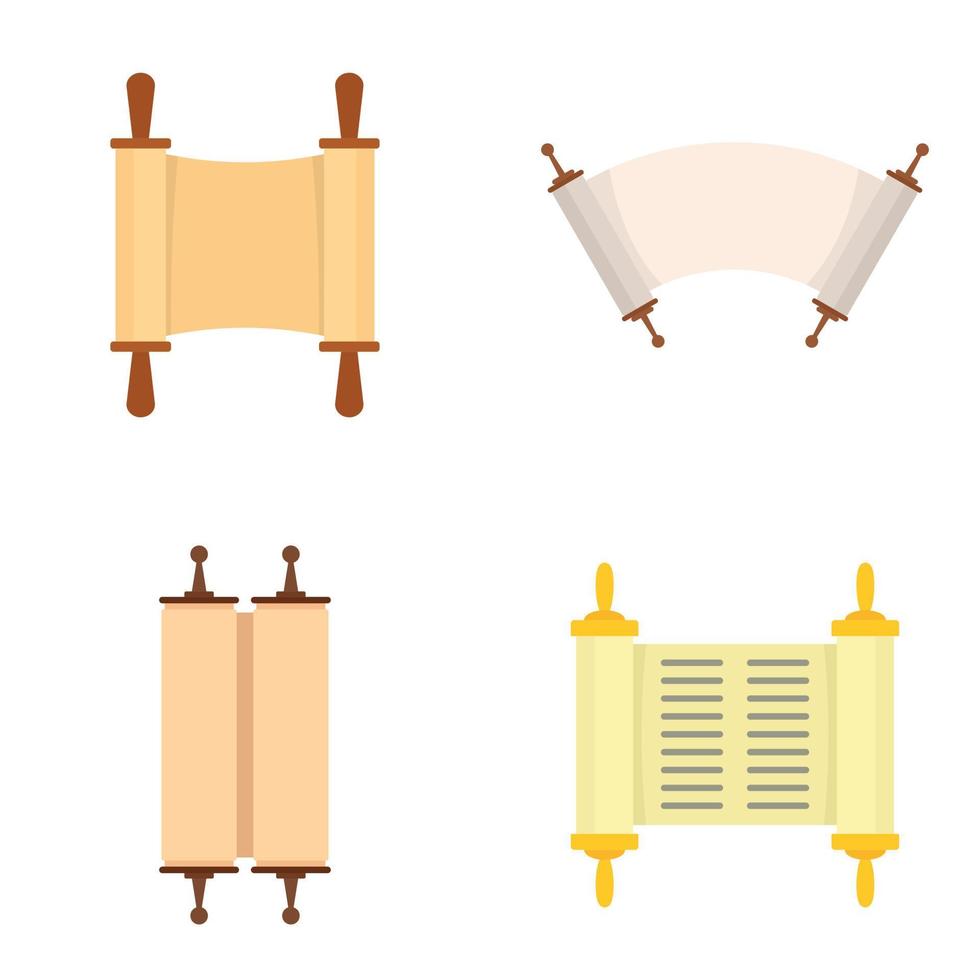 Torah scroll book bible icons set, flat style vector