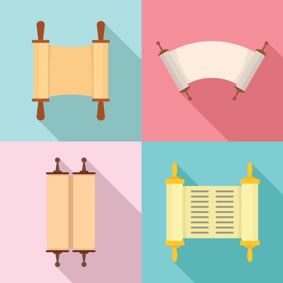 Torah scroll book bible icons set, flat style vector