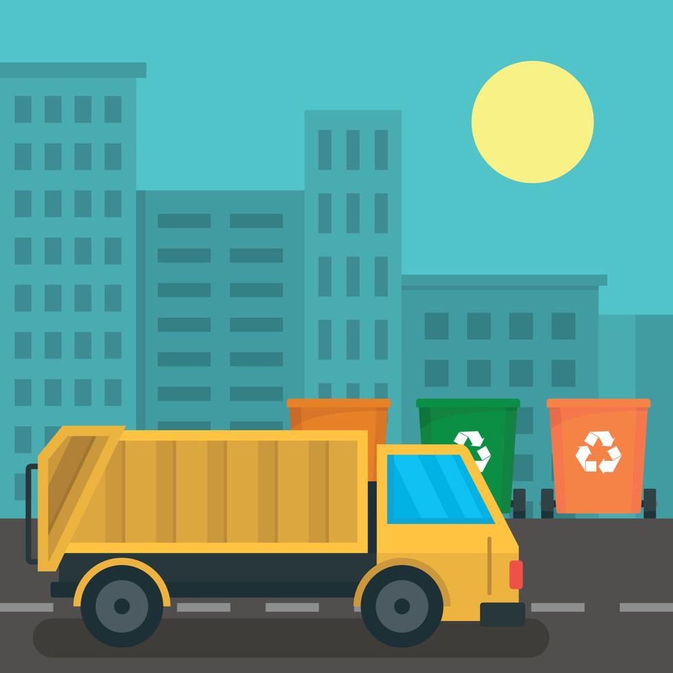 Garbage truck in city concept background, flat style vector