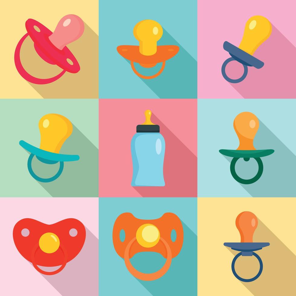 Pacifier baby care newborn icons set, flat style vector