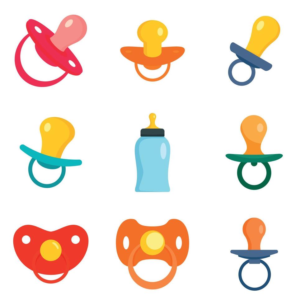 Pacifier baby care newborn icons set, flat style vector