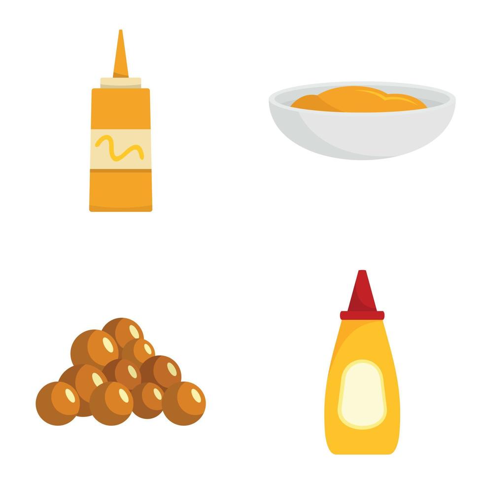 Mustard seeds sauce bottle icons set, flat style vector