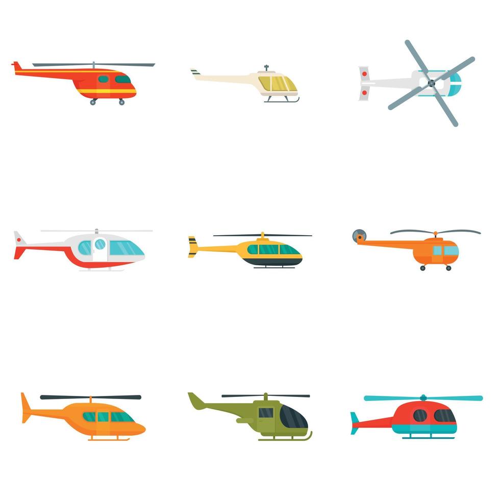 Helicopter military aircraft icons set, flat style vector
