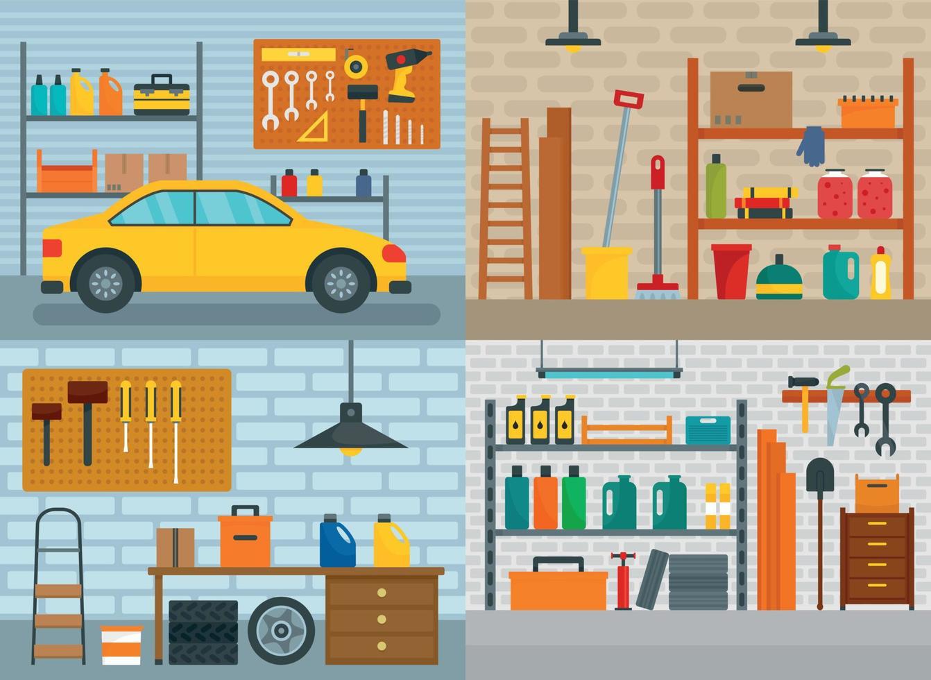 Garage interior car banner concept set, flat style vector