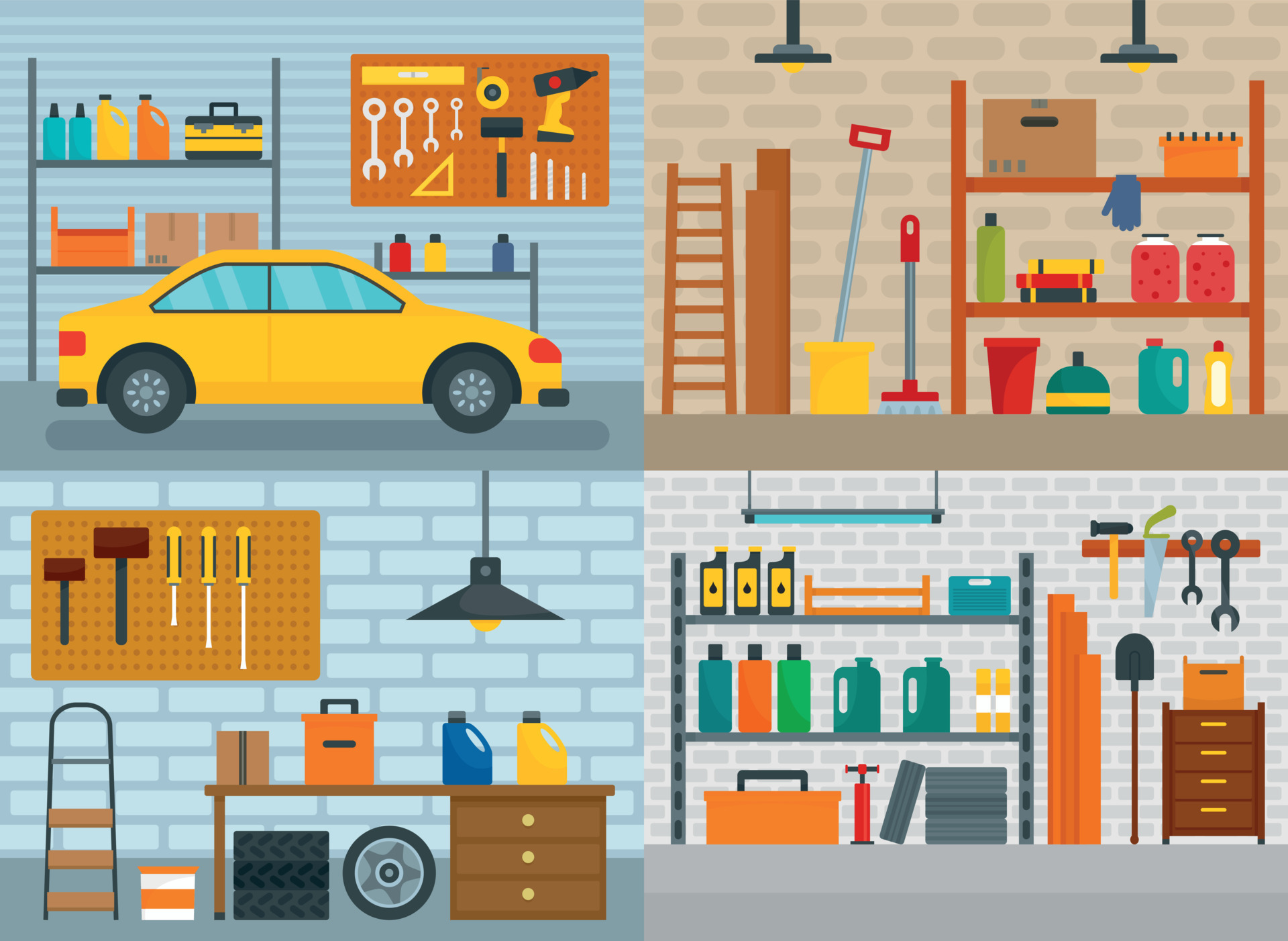 Garage interior car banner concept set, flat style 8803747 Vector Art