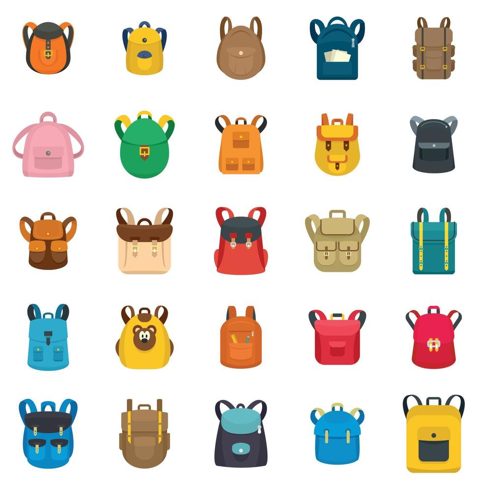 Backpack school travel sport icons set, flat style vector