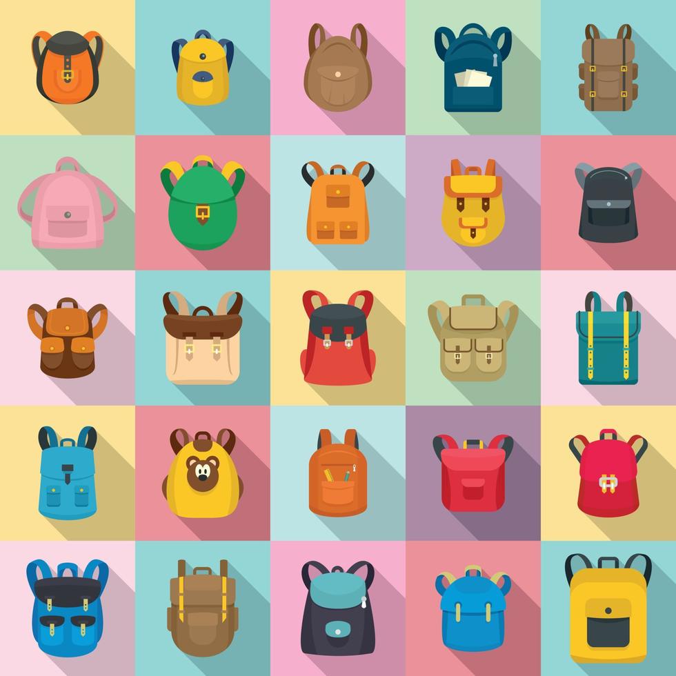 conjunto de iconos de deporte de viaje escolar de mochila, estilo plano vector