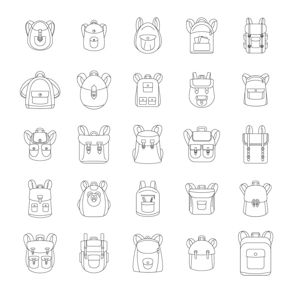 Backpack school sport icons set, outline style vector