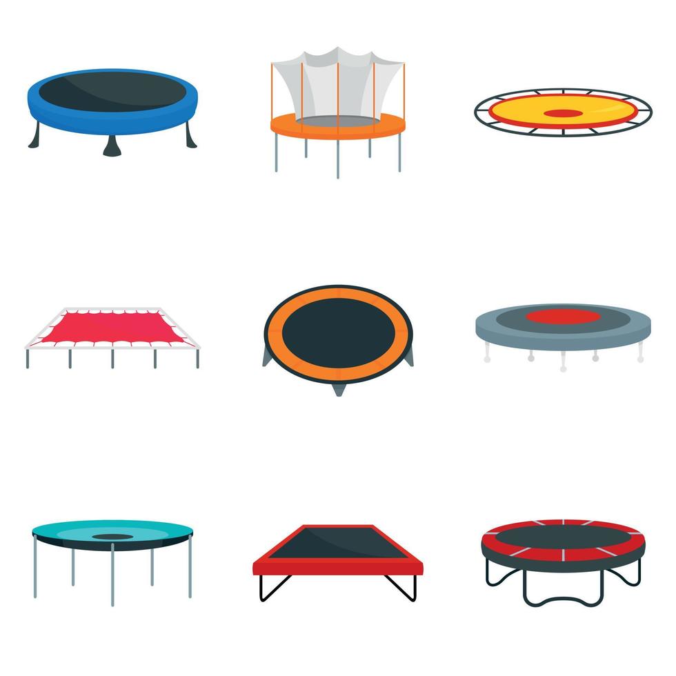 Trampoline jumping park joy icons set, flat style vector
