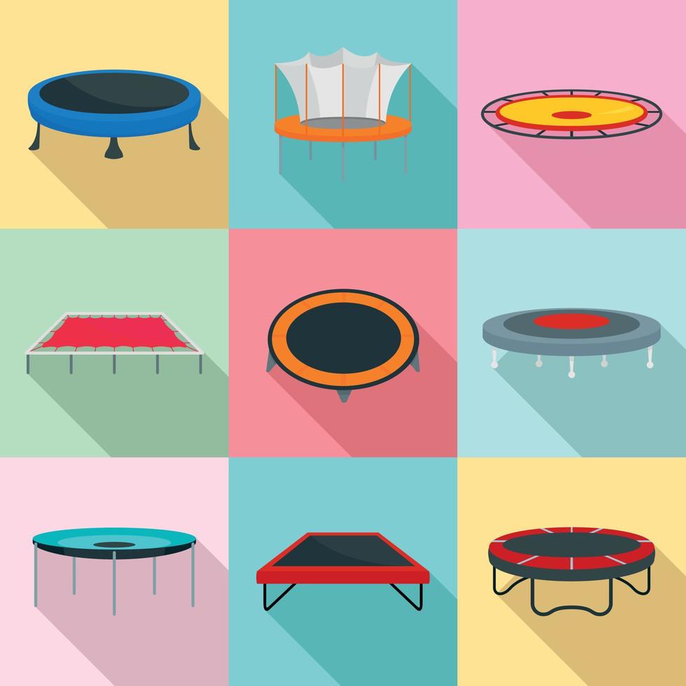 Trampoline jumping park joy icons set, flat style vector