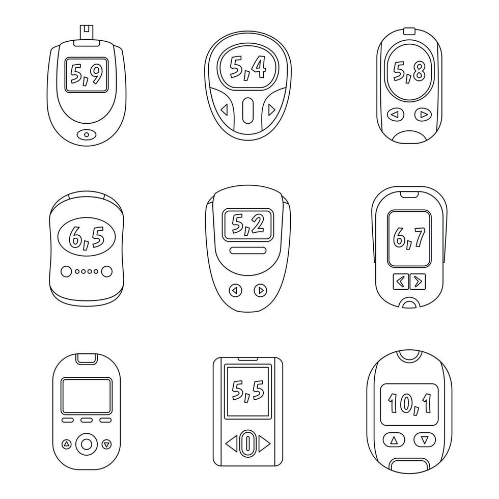 conjunto de iconos de prueba de azúcar del medidor de glucosa, estilo de esquema vector