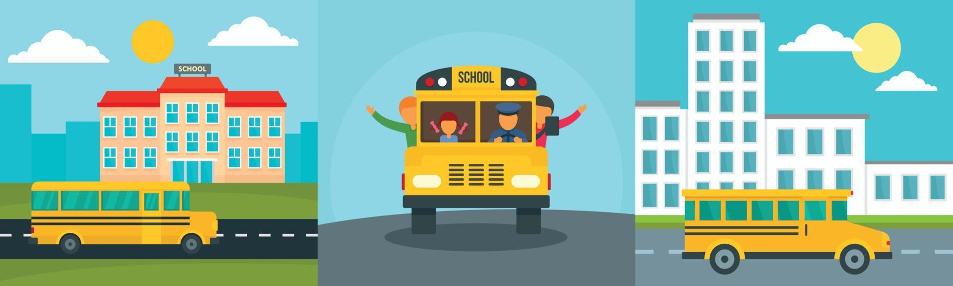 School bus kids banner concept set, flat style vector