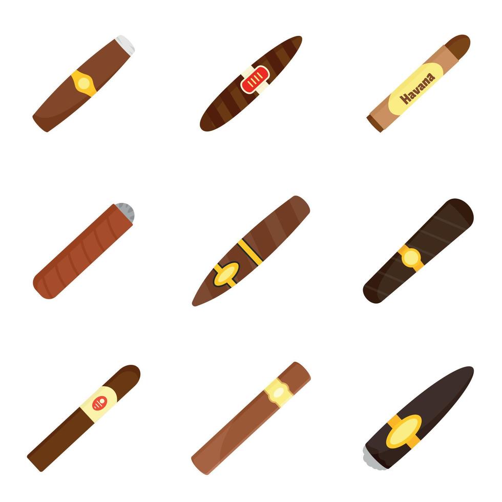 Cigar cuban paper weed icons set, flat style vector