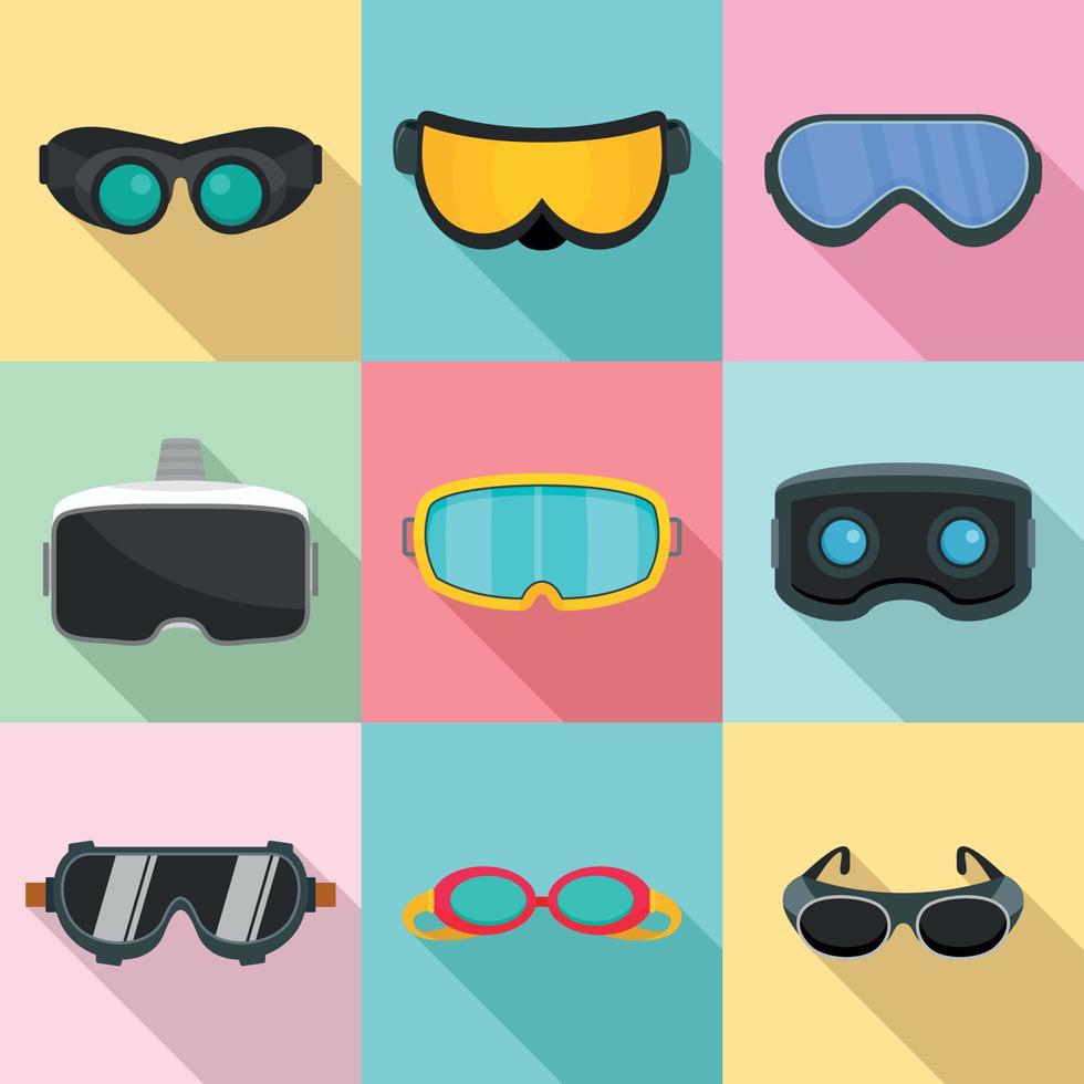 Goggles ski glass mask icons set, flat style vector