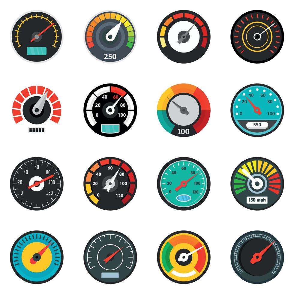 Speedometer level indicator icons set, flat style vector