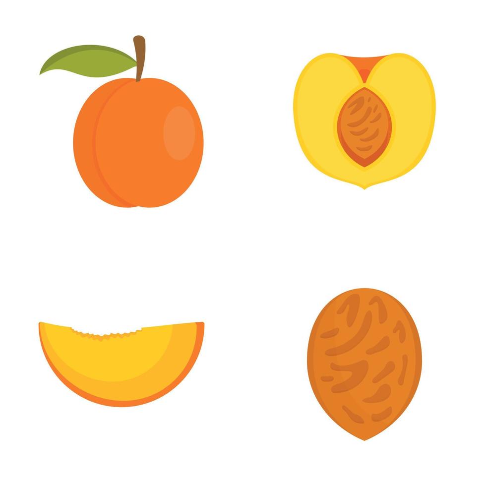 Peach tree slices fruit half icons set, flat style vector