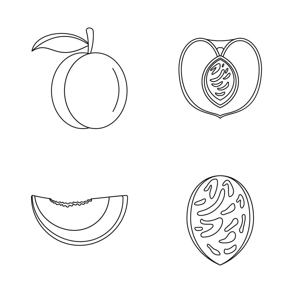 Peach tree slices fruit icons set, outline style vector