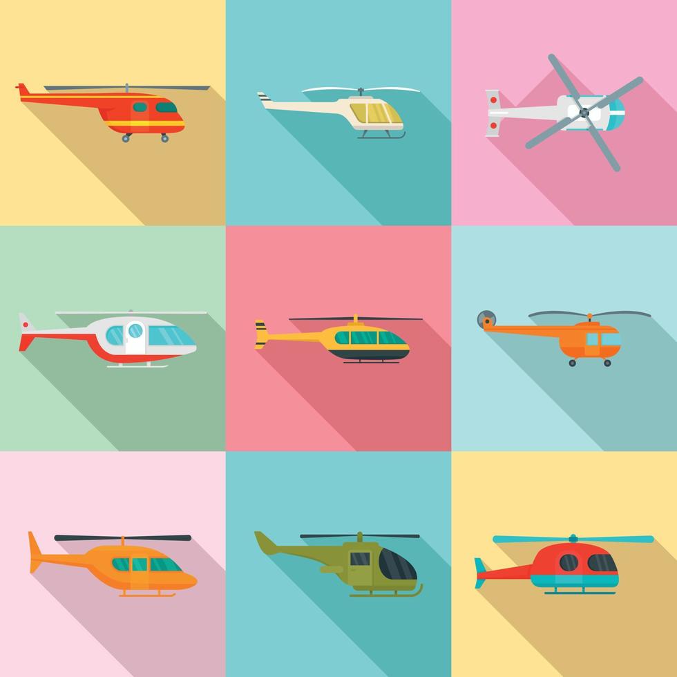 Helicopter military aircraft icons set, flat style vector