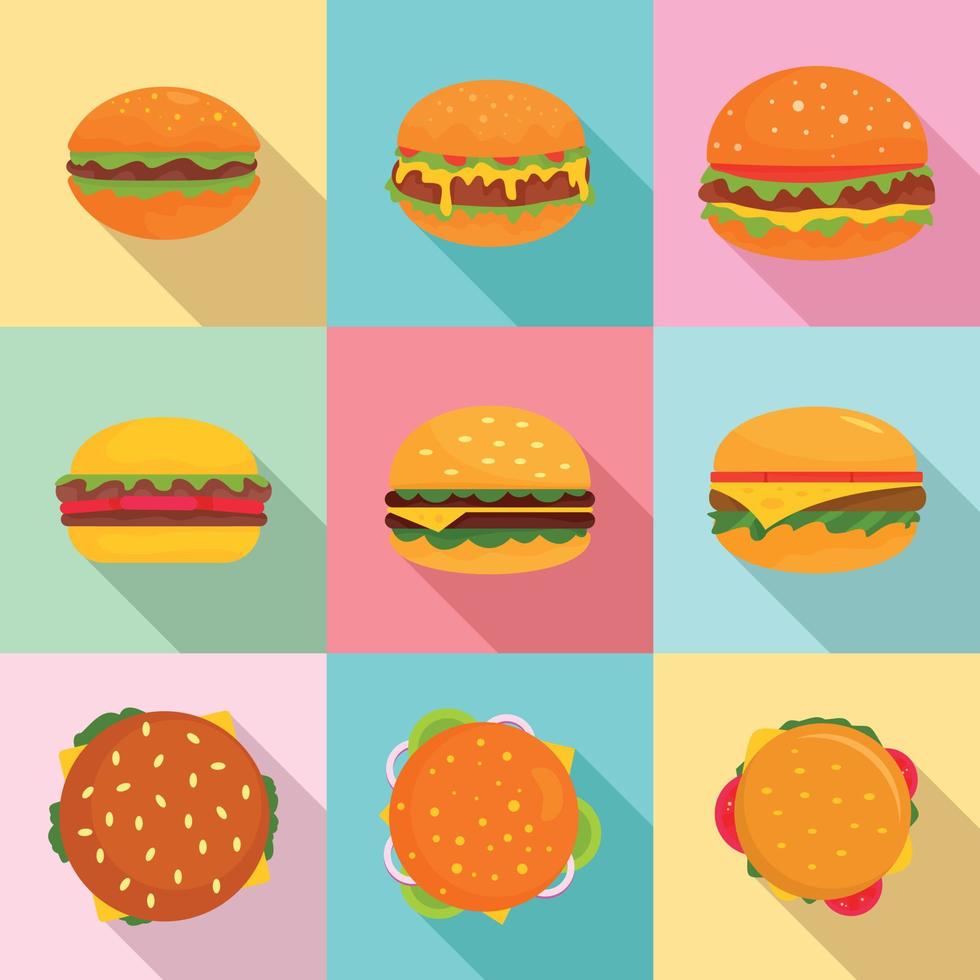 Burger sandwich bread bun icons set, flat style vector