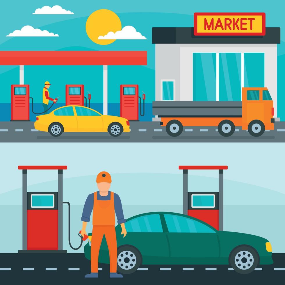 Petrol station gas banner concept set, flat style vector