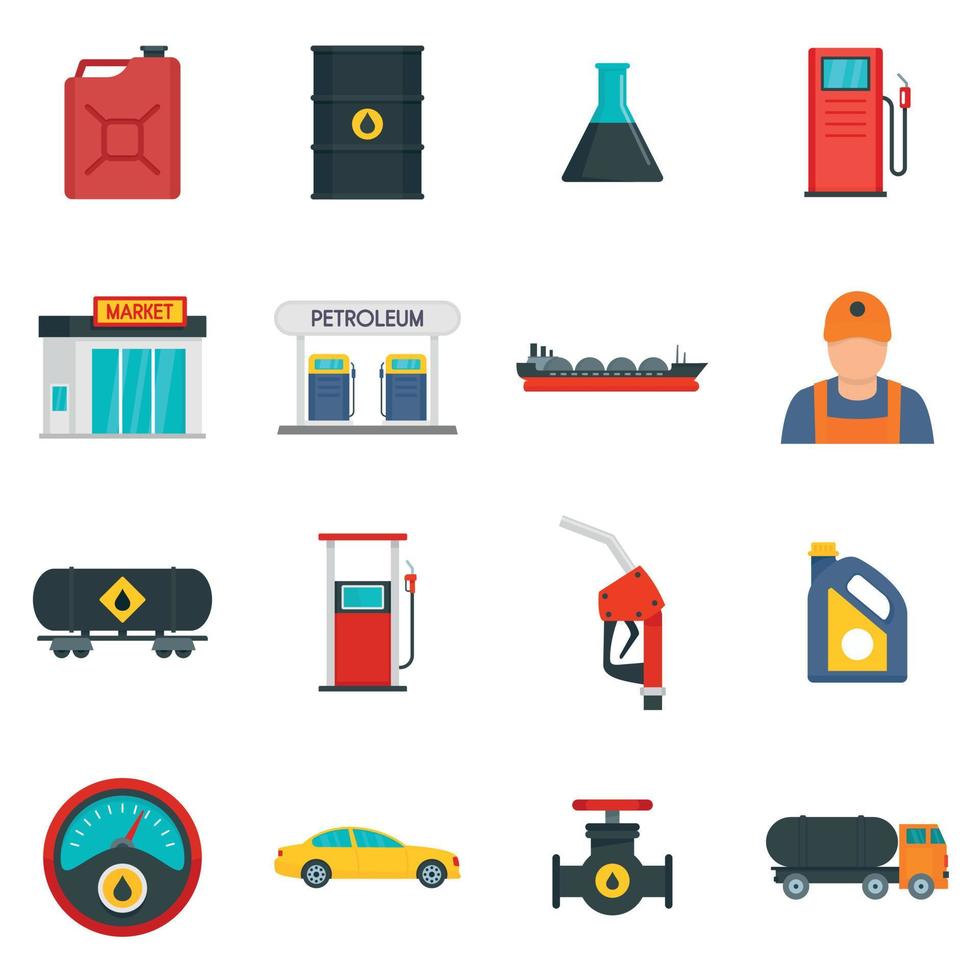 Petrol station gas fuel shop icons set, flat style vector