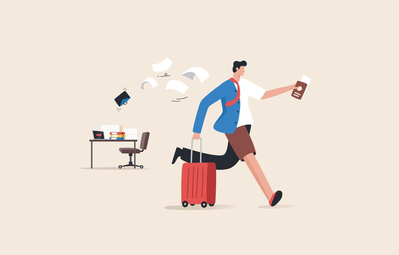 4 day work week. reduced hour working model. working smarter to produce better. work and travel. take annual leave. Employees prepare for vacation. vector