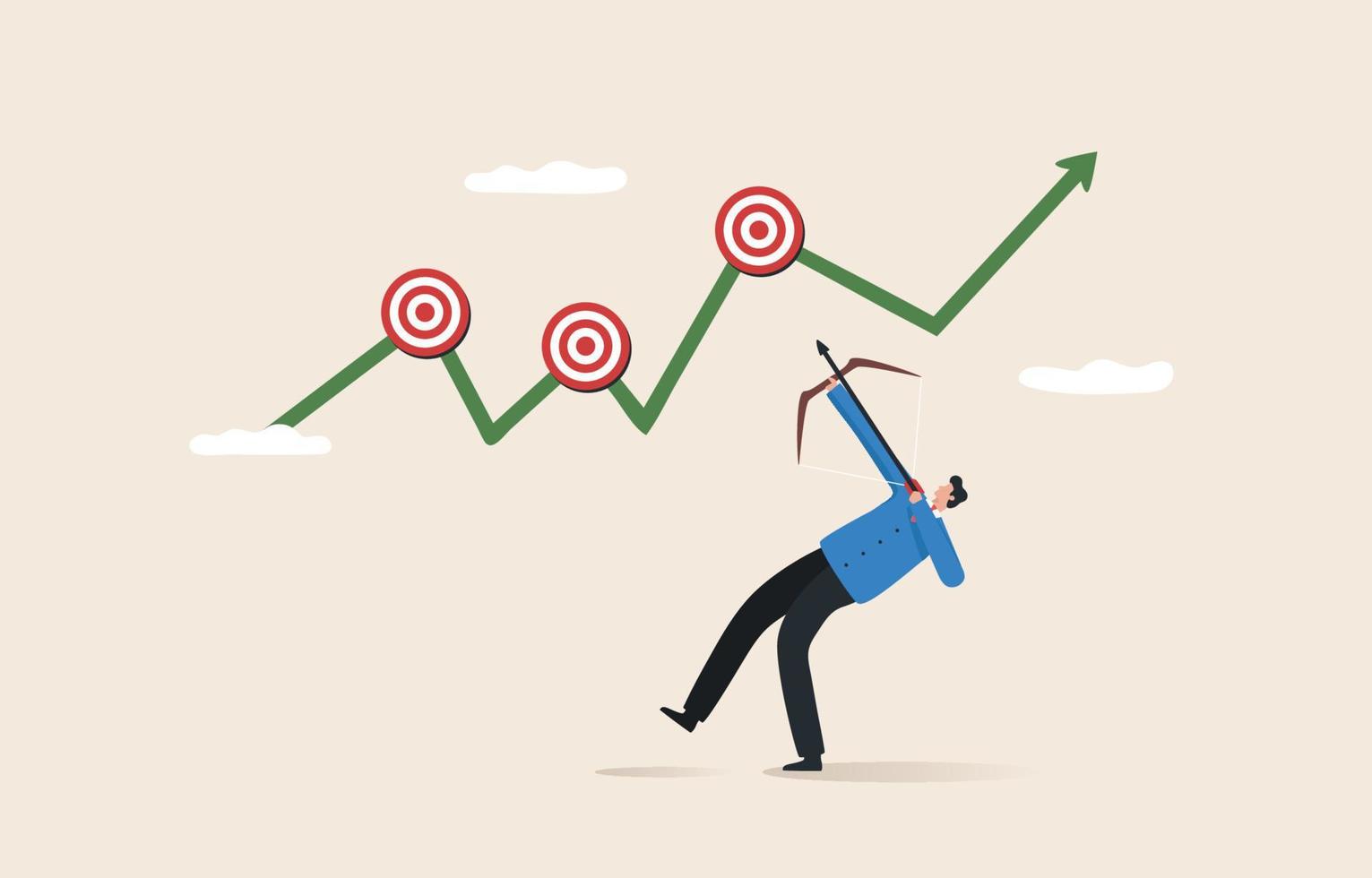 Profitability at the point of reversal. Win the market with Elliott Wave, how to find entry points and take profits. Investors or traders aim arrows at the target for take profit points. vector