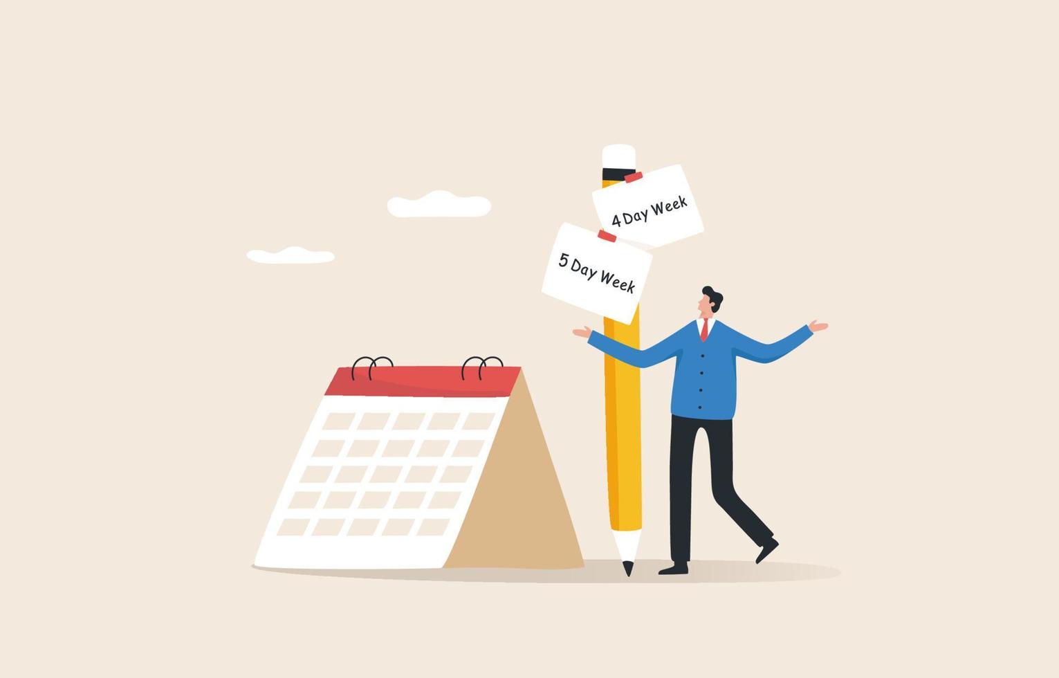 4 or 5 Day Work Week. 4 day is a reduced hour working model, which seeks to prioritise working smarter to produce better. vector