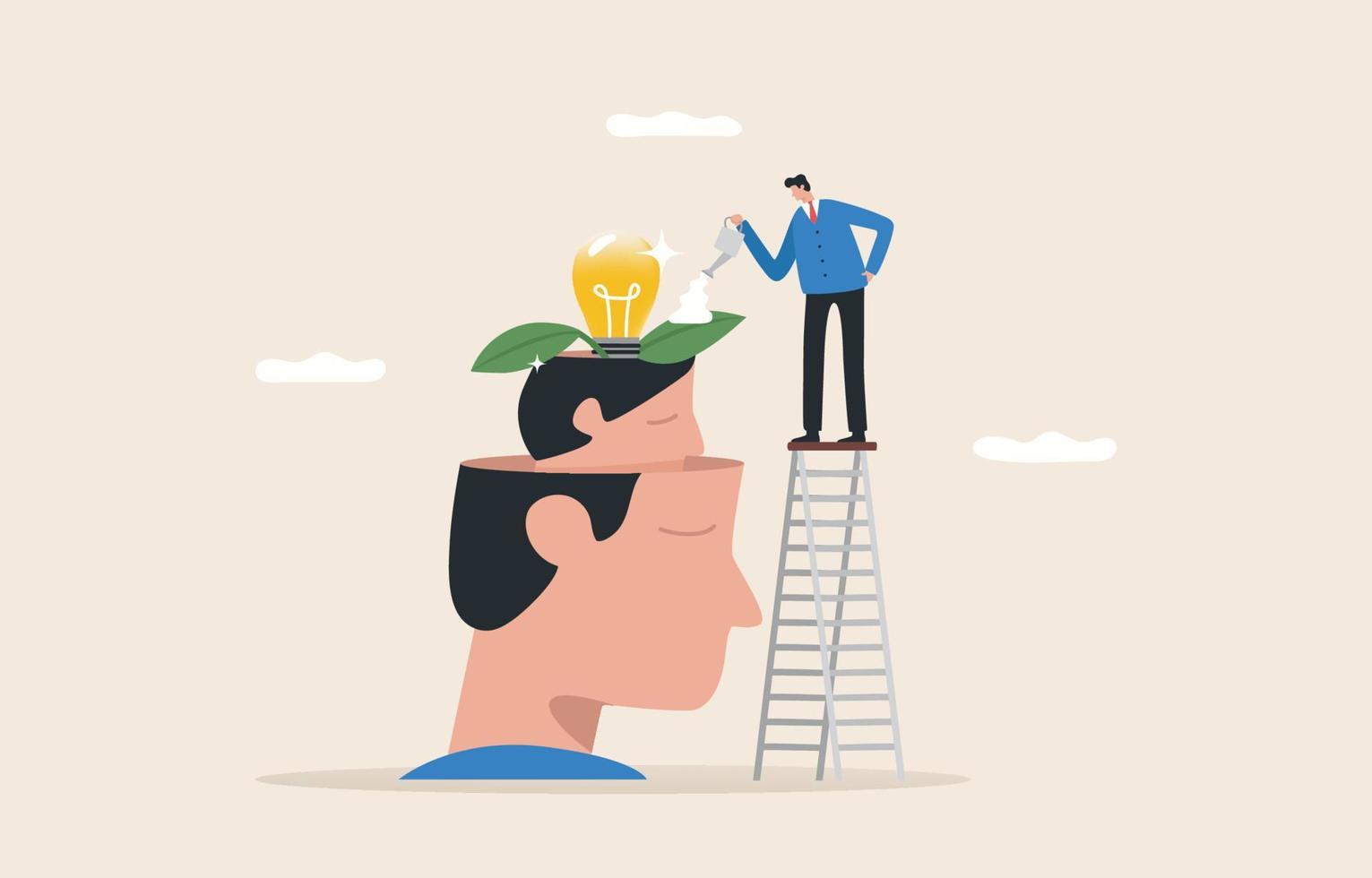 Growth Mindset. Person abilities or intelligence can develop over time. Psychological Types of Creativity. Businessman watering light bulb plants. vector