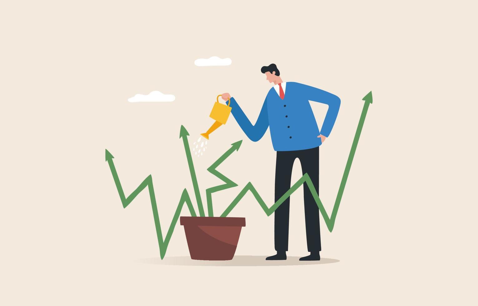 Business growth. Bringing businesses into the stock market. Growth of a company or fund. Investing for long term results. A businessman waters down a green graph into a plant pot. vector