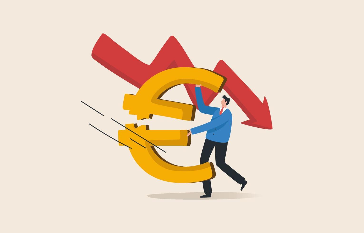 Euro Financial crisis. Euro currency crisis. Monetary policy crisis. Depression European Union economy. A businessman tries to support the falling Euro coin symbol. vector