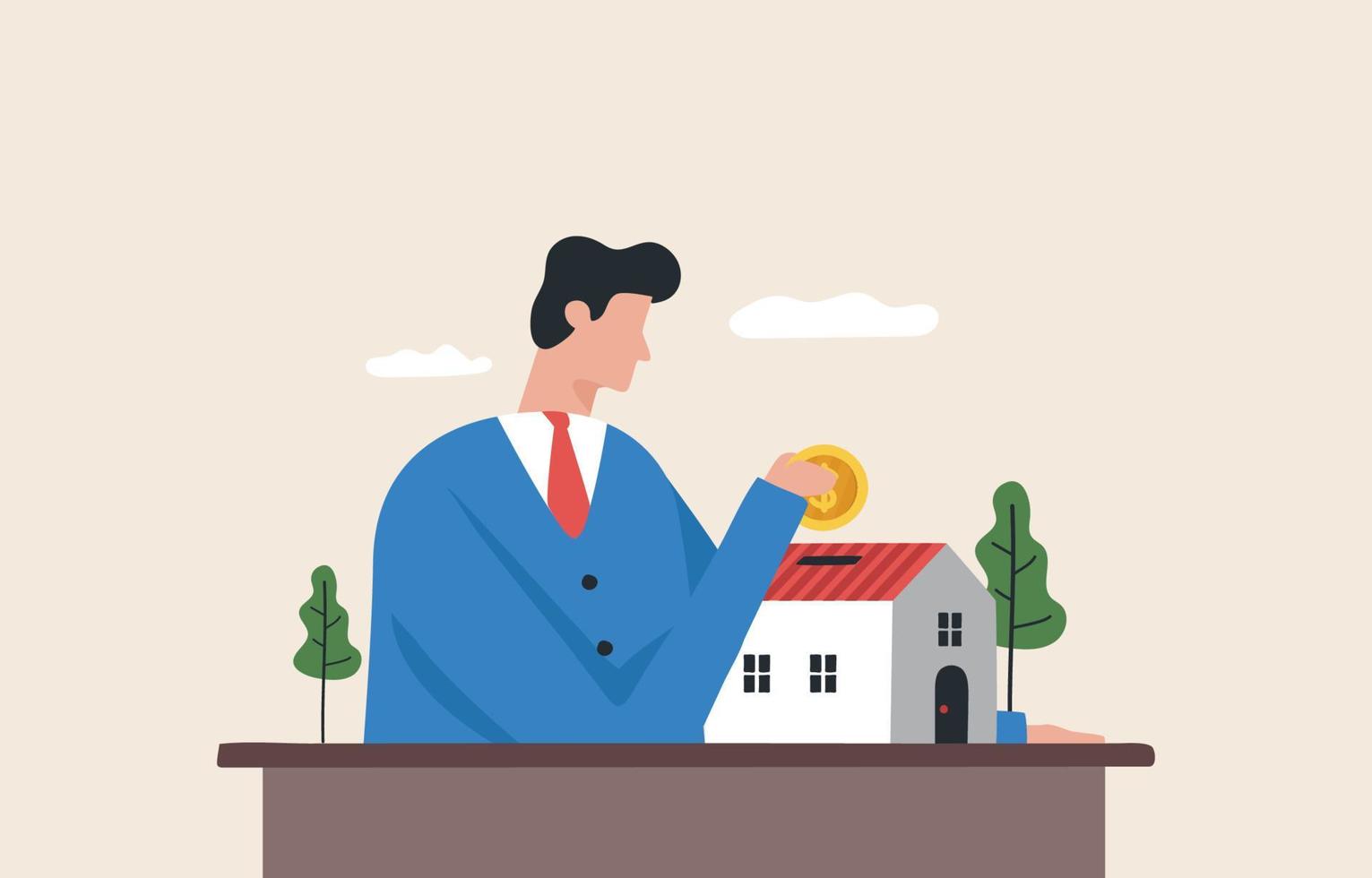 House and property investment. Make a savings plan to buy a home or home loan.  House debt, Pay off house. A young man puts money coin into a house  bank as a metaphor for savings. vector