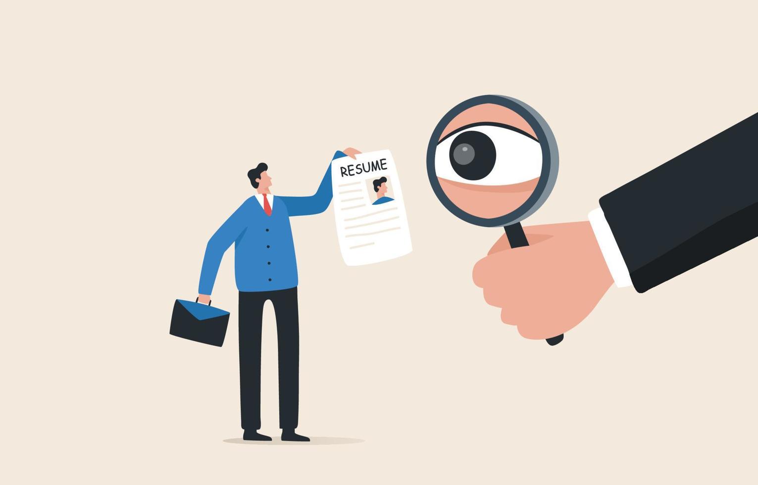 Recruiting new employees. Human Resources Background Checks for employers and HR specialists. Hand of hiring manager using magnifying glass tor review resume. vector