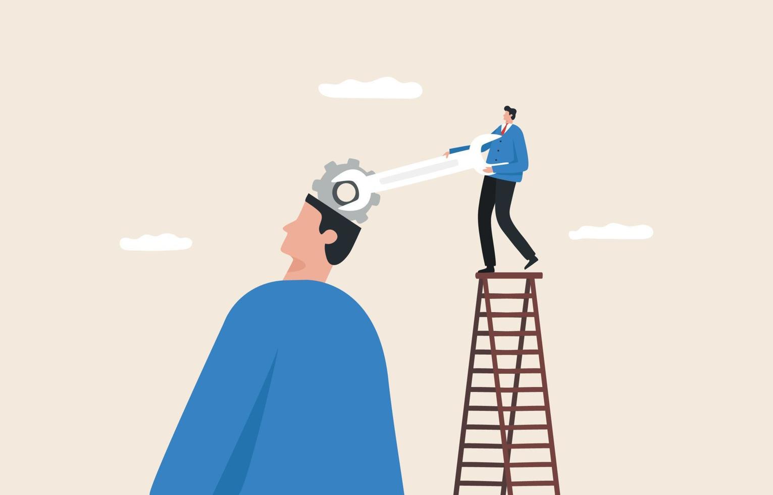 Developing High Potential Employees. develop skills and ideas.  Improve the potential of the team. Businessman Holding Wrench On Ladder Above Giant Man Open Head With Gear. vector