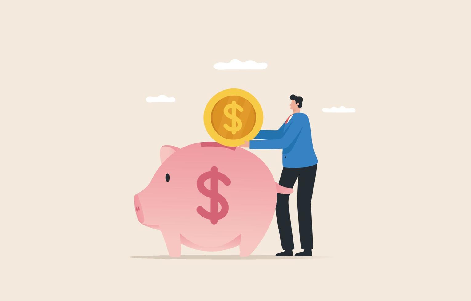 Saving money in a piggy bank. The first lump sum is deducted from income for savings. Set aside some money for savings.Young man or businessman and piggy bank. vector