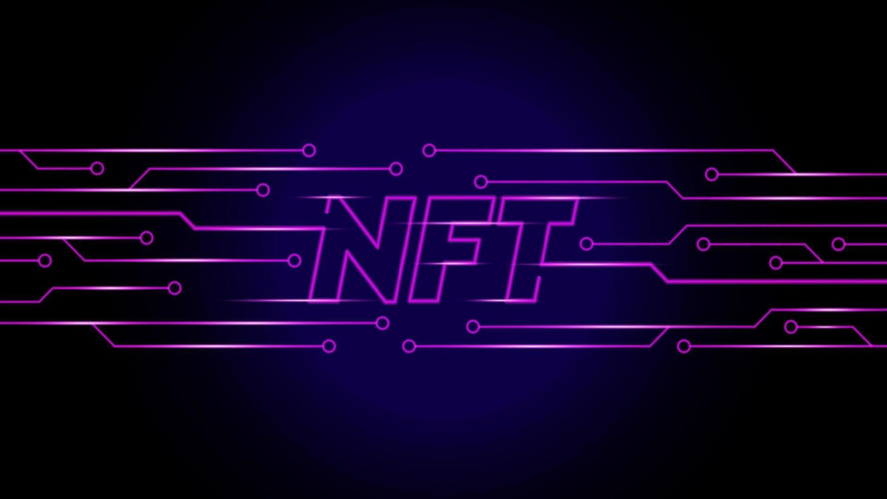 vector concept of NFT non-fungible tokens text in the center of neon line pcb network glowing in dark background.