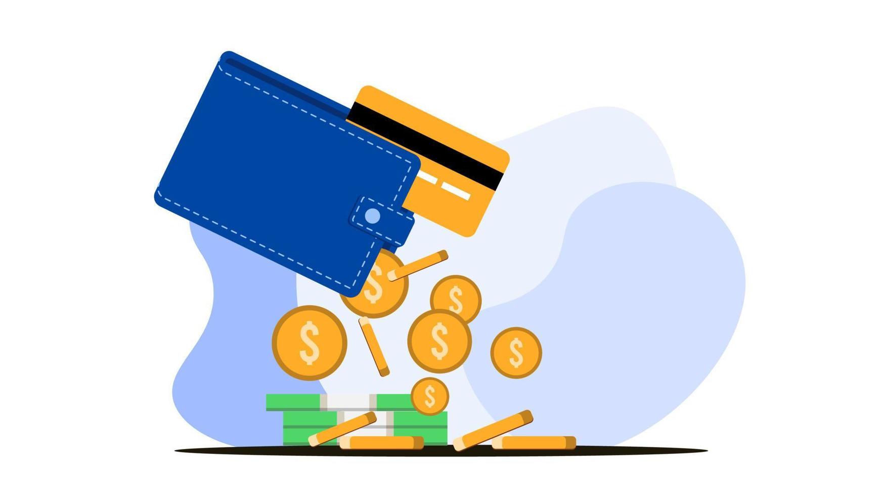tarjeta de dinero y moneda cayendo de la billetera, concepto de gestión financiera. ilustración vectorial vector