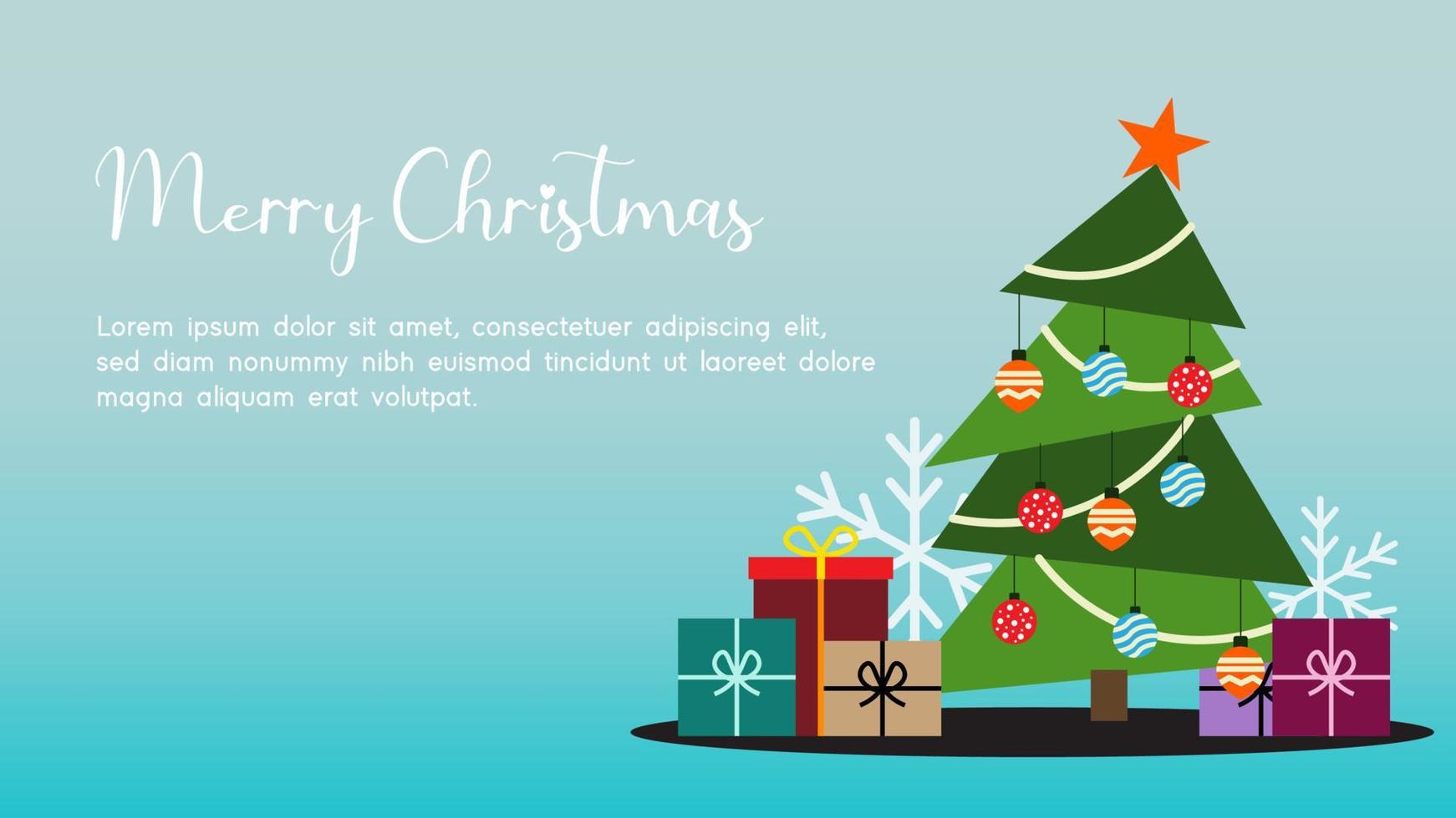 Christmas banner illustration, pine tree with gift box, design template for banner, frame, header, background for greeting card design. Vector Illustration.