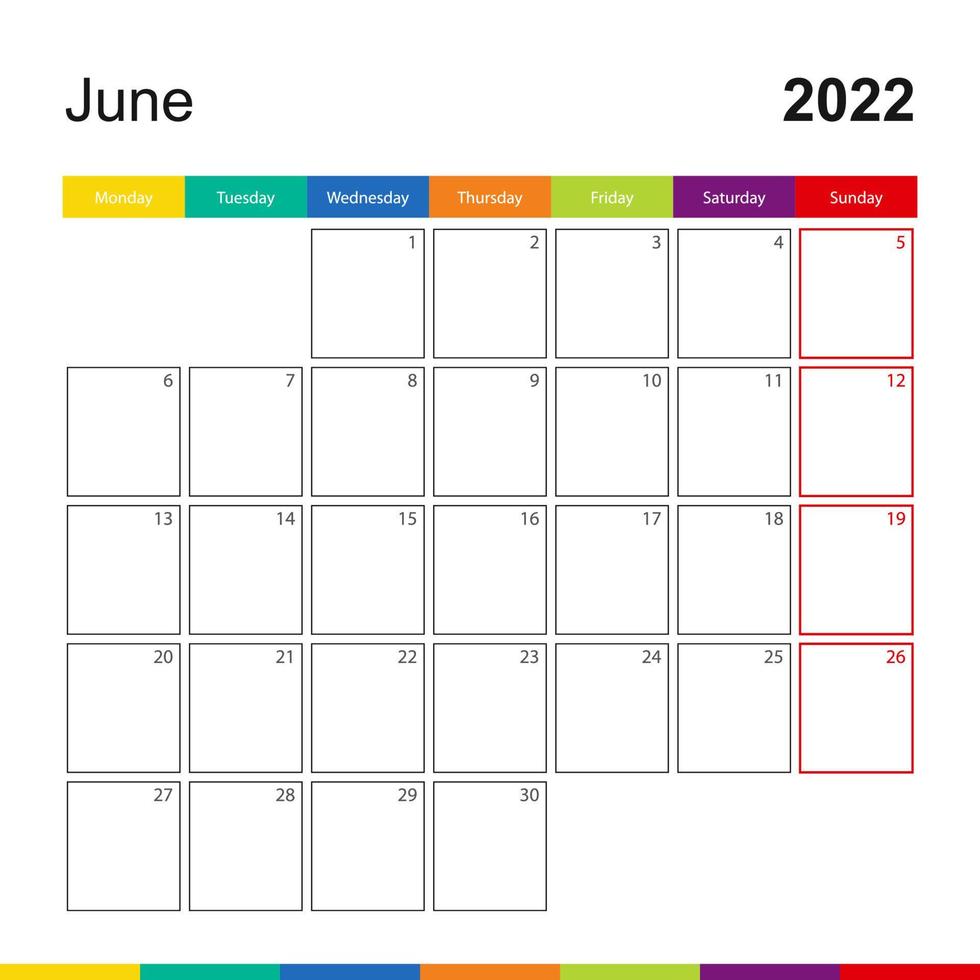 June 2022 colorful wall calendar, week starts on Monday. vector