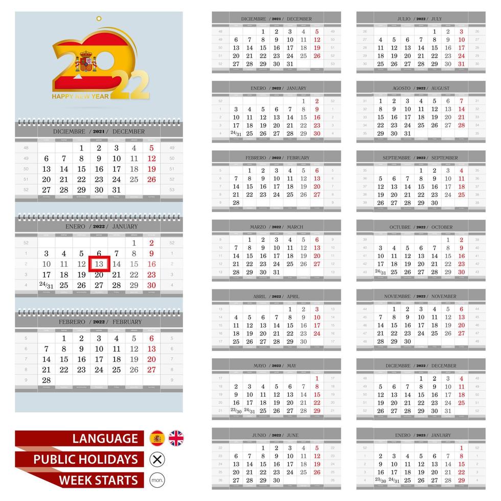 Spanish and English language calendar for 2022 year. Week starts from Monday. vector