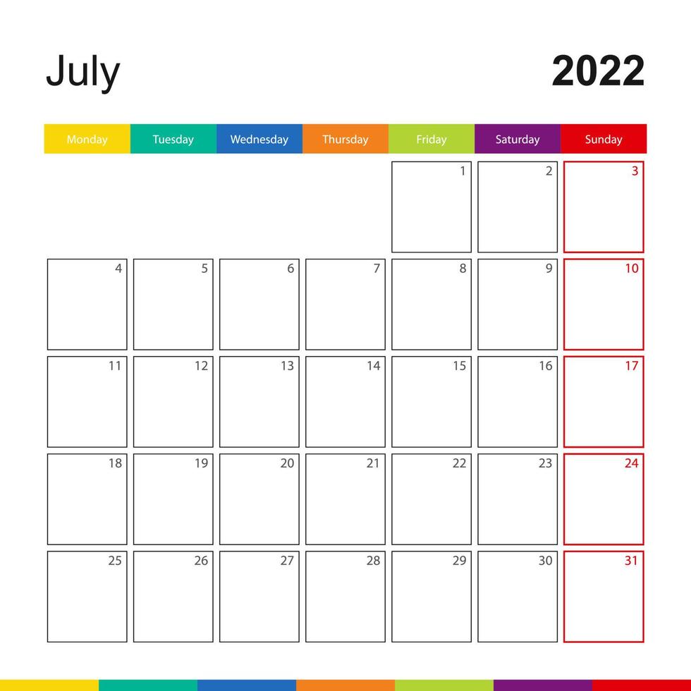 July 2022 colorful wall calendar, week starts on Monday. vector