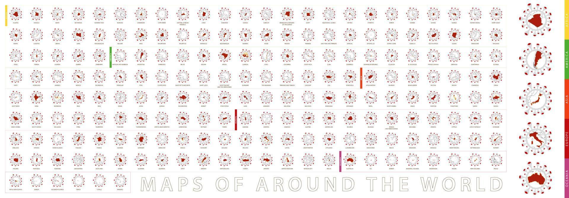 Maps of around the world collection in shape of virus. vector