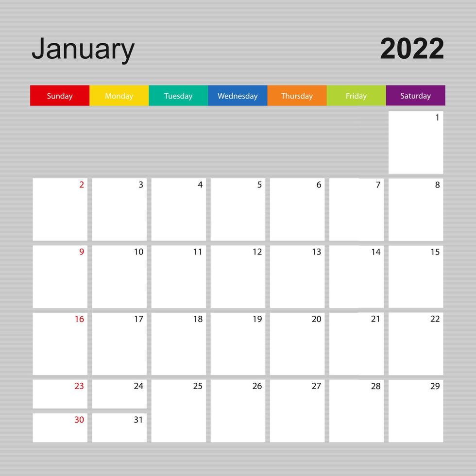 página de calendario para enero de 2022, planificador de paredes con diseño colorido. semana comienza el domingo. vector