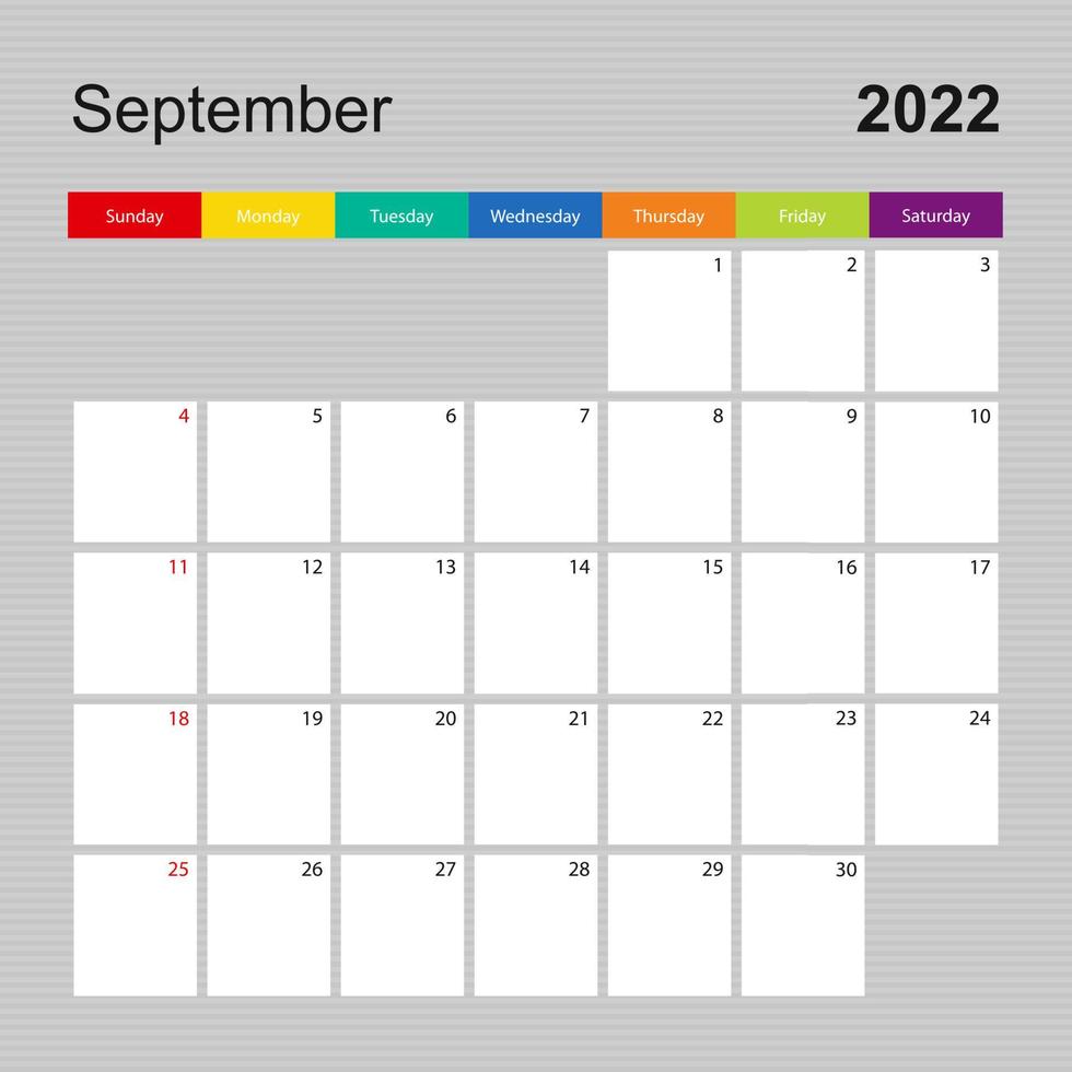 Calendar page for September 2022, wall planner with colorful design. Week starts on Sunday. vector