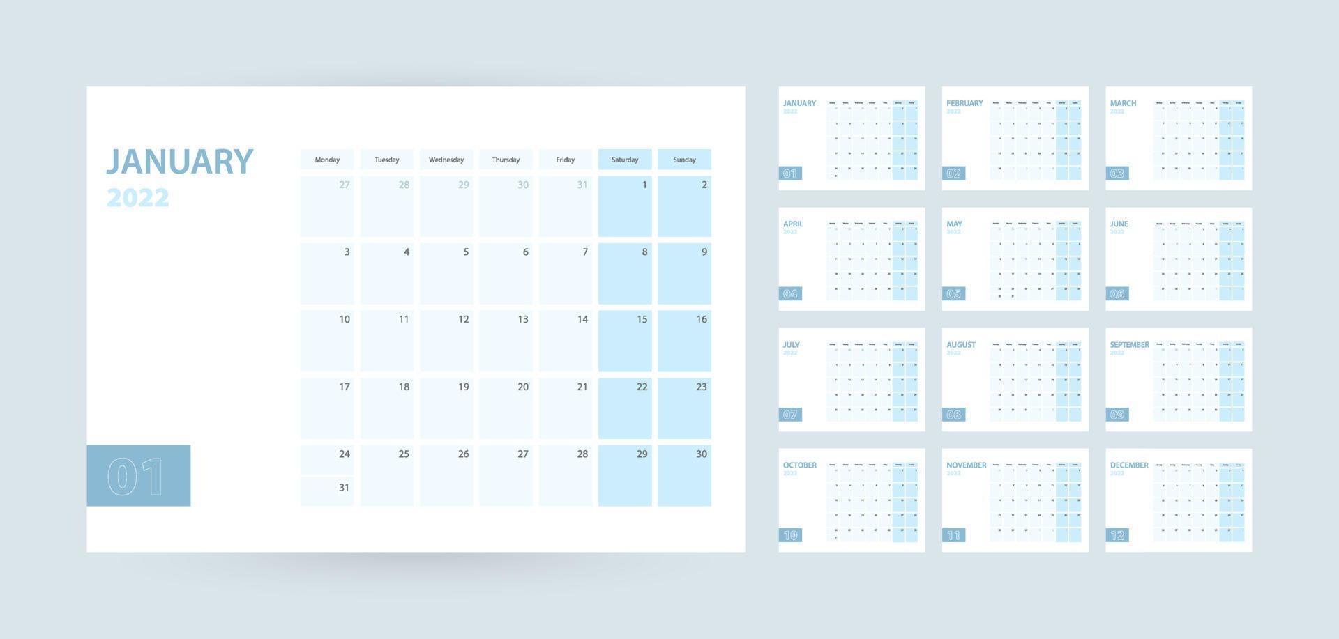 Monthly calendar template for the year 2022, the week starts on Monday. The calendar is in a blue color scheme. vector