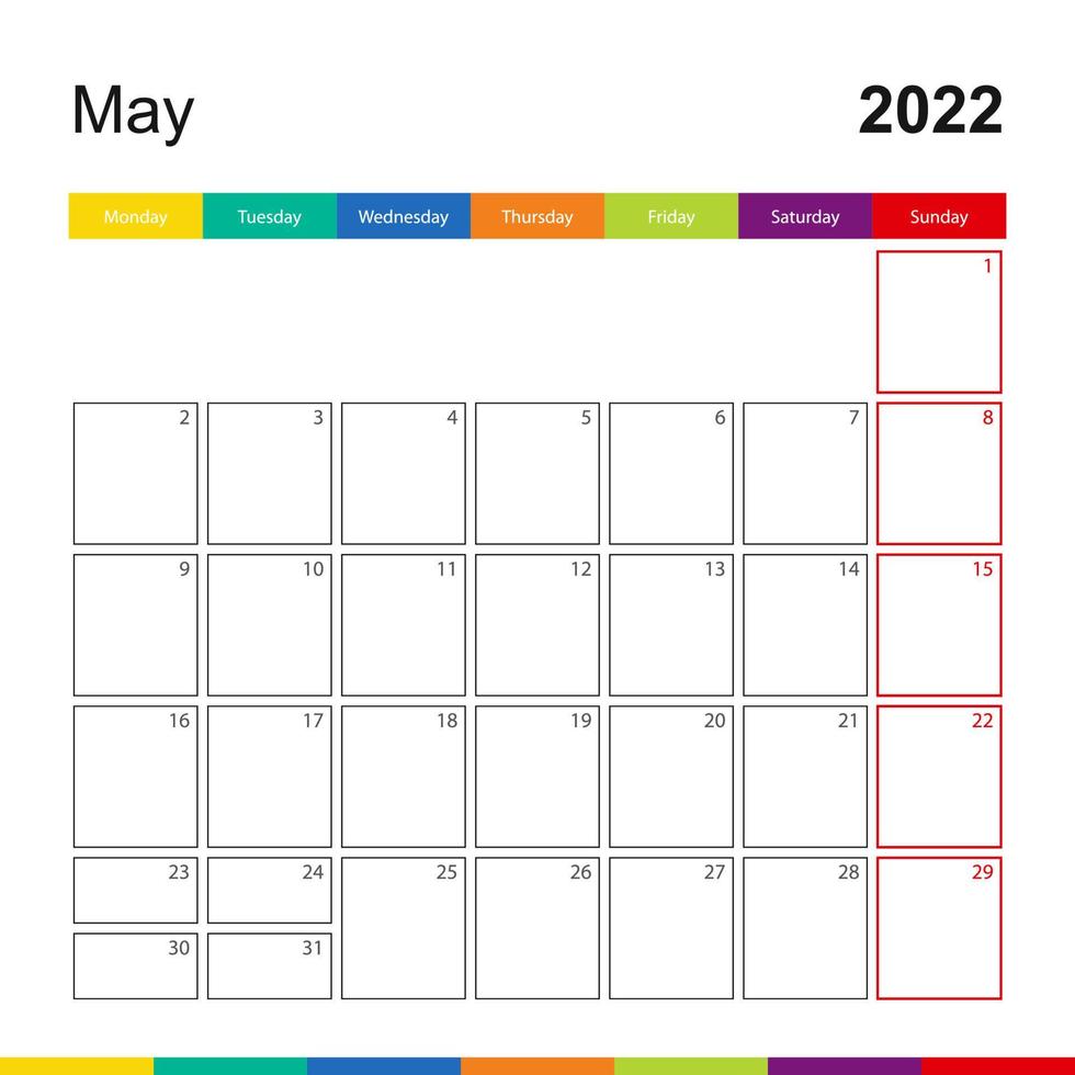 May 2022 colorful wall calendar, week starts on Monday. vector