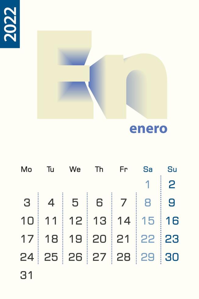 plantilla de calendario minimalista para enero de 2022, calendario vectorial en español vector