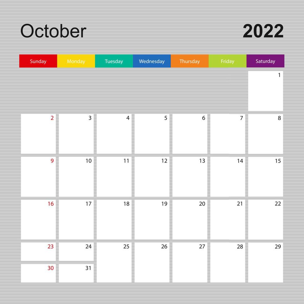 Calendar page for October 2022, wall planner with colorful design. Week starts on Sunday. vector