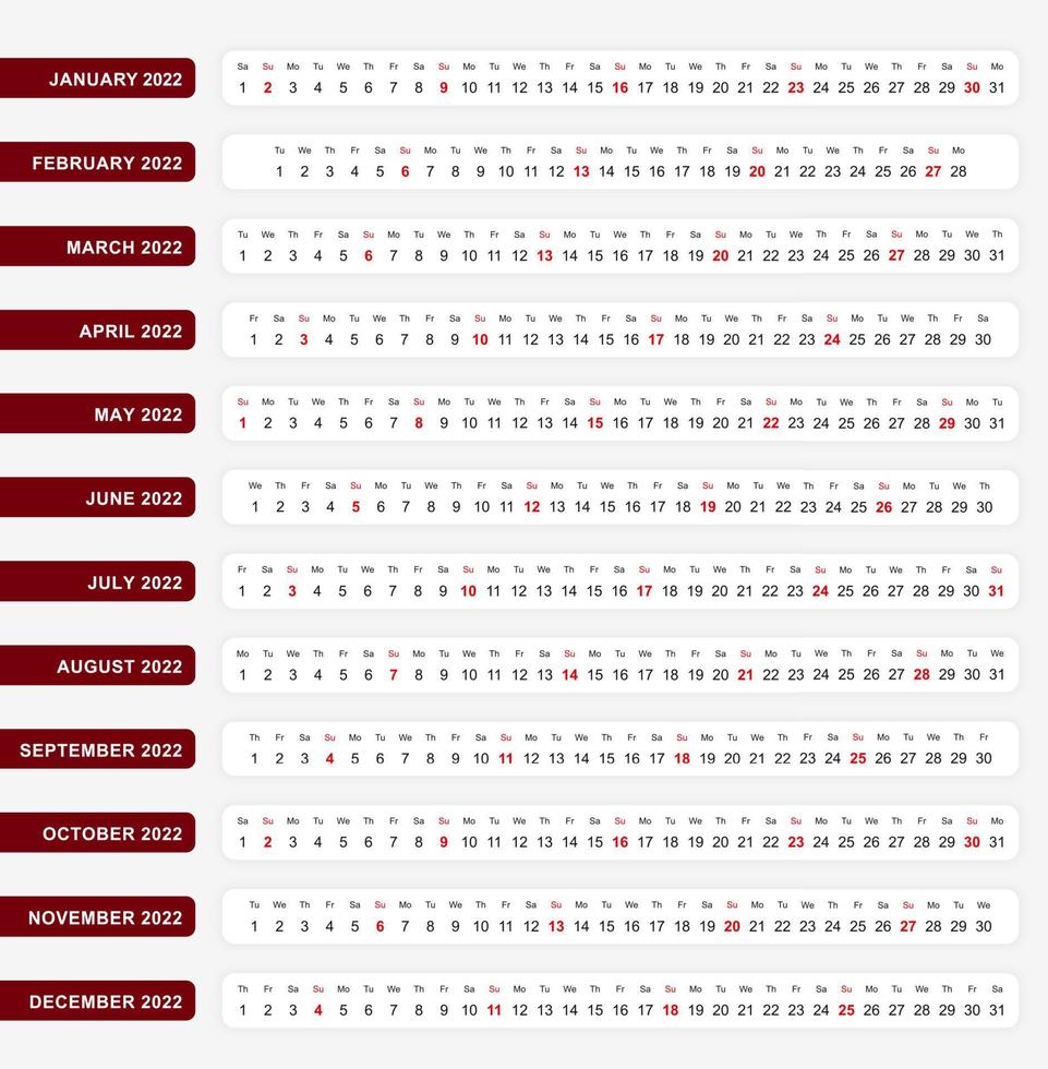 calendario horizontal de una línea 2022, plantilla de calendario de una línea para su diseño. vector